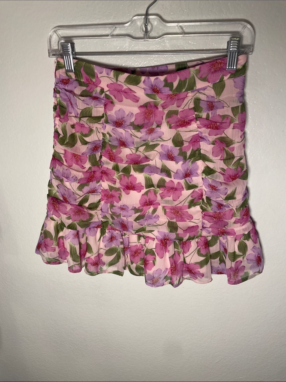 GB Gianni Bini Floral Printed Chiffon Gathered Mini Skirt Pink Size S